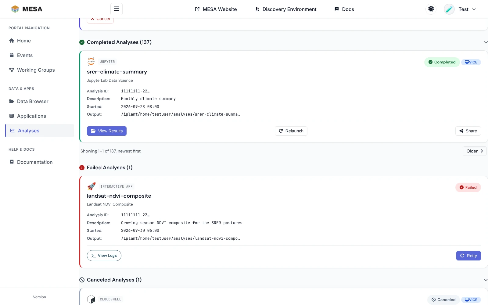 Completed, Failed, and Canceled analyses with View Results, Relaunch, View Logs, and Retry