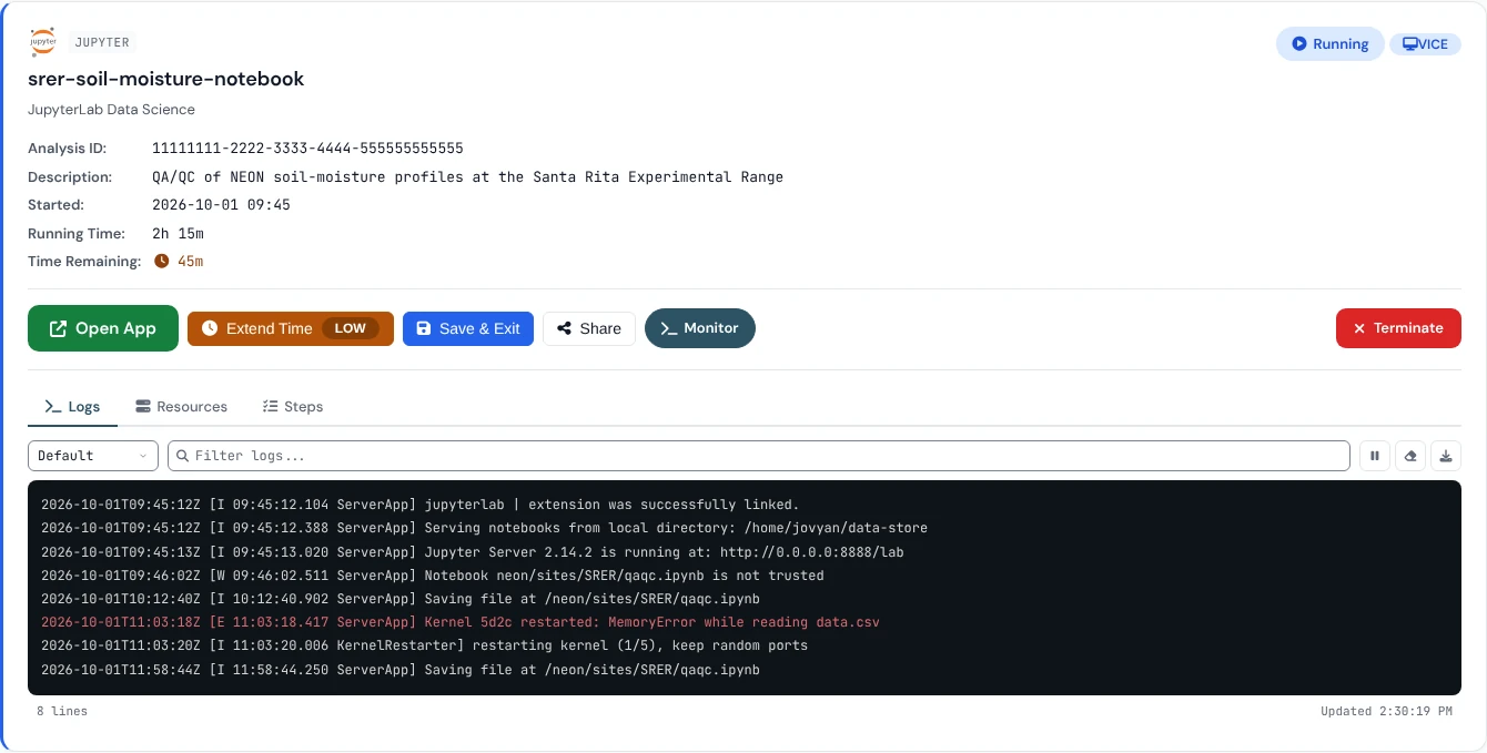 A running JupyterLab analysis with the Monitor panel open on the Logs tab