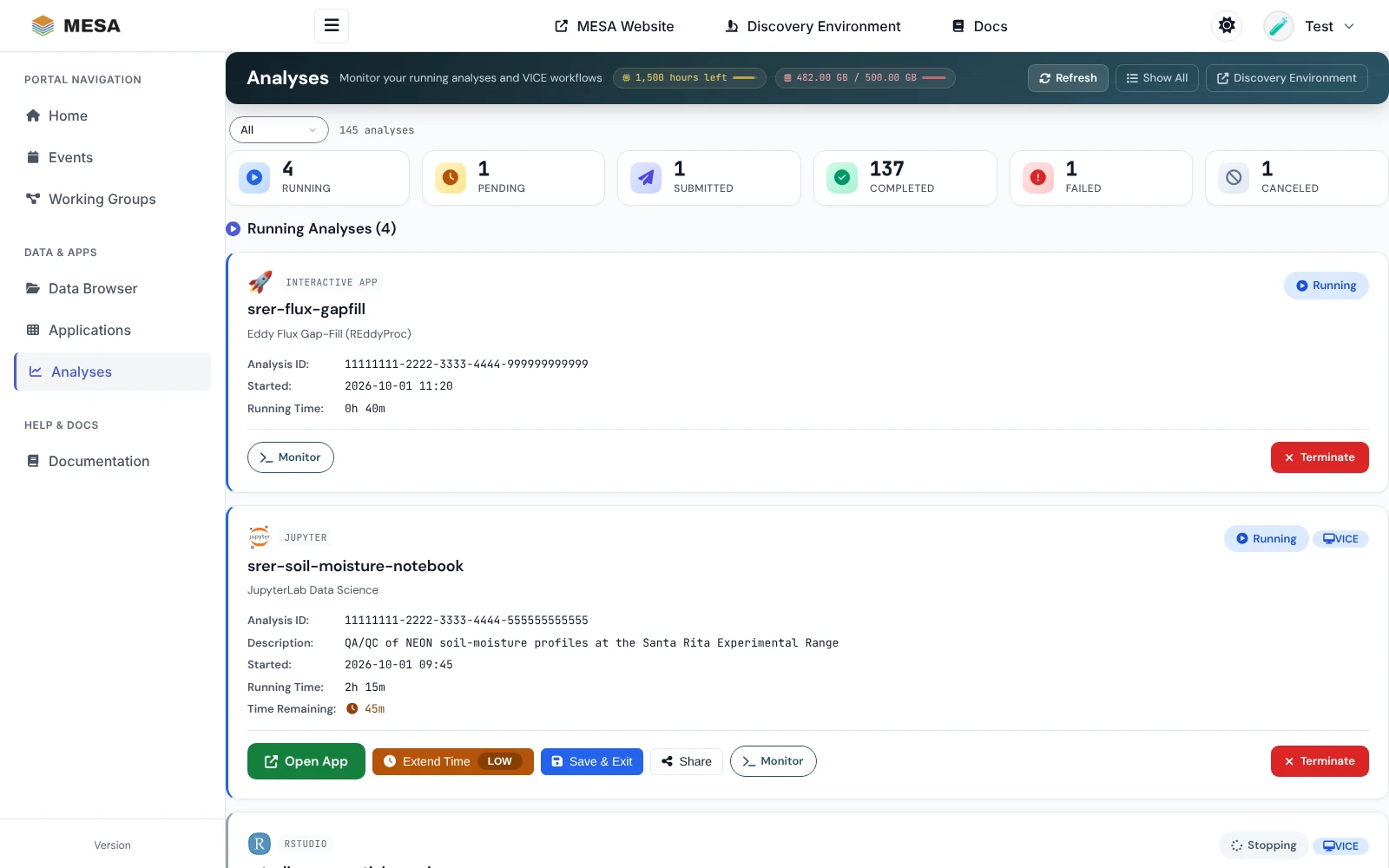 The Analyses page: quota badges, status cards, and running analyses