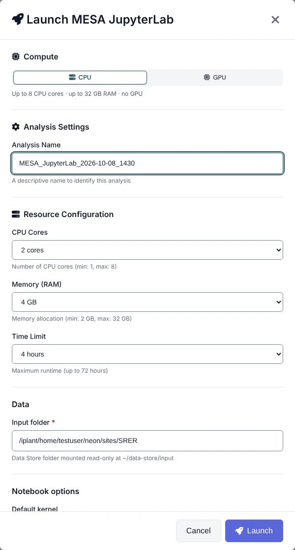 The Launch MESA JupyterLab dialog with CPU selected