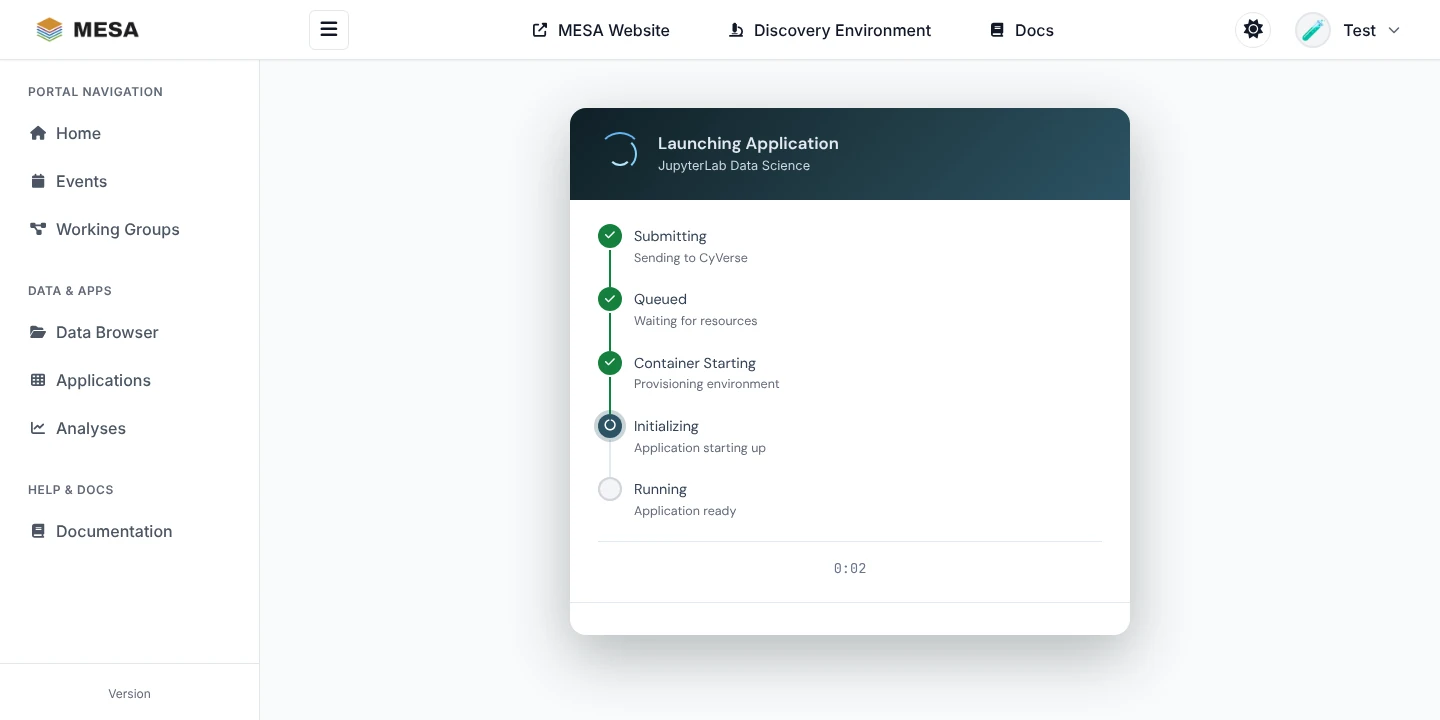 The launch page stepping through Submitting, Queued, Container Starting, Initializing, and Running