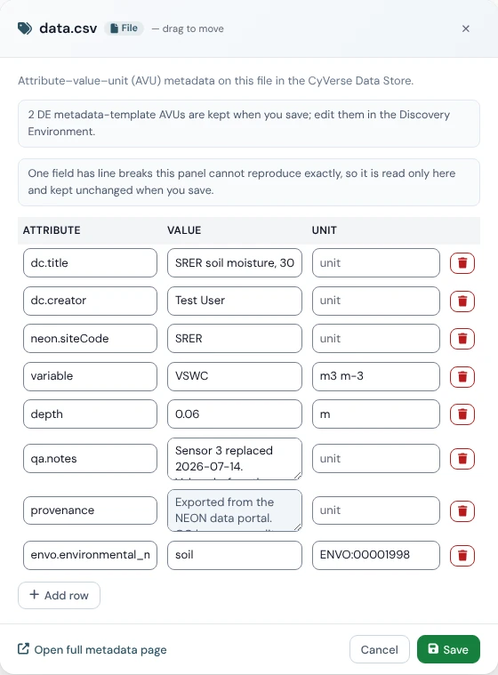 The AVU panel for data.csv, with editable attribute, value, and unit fields