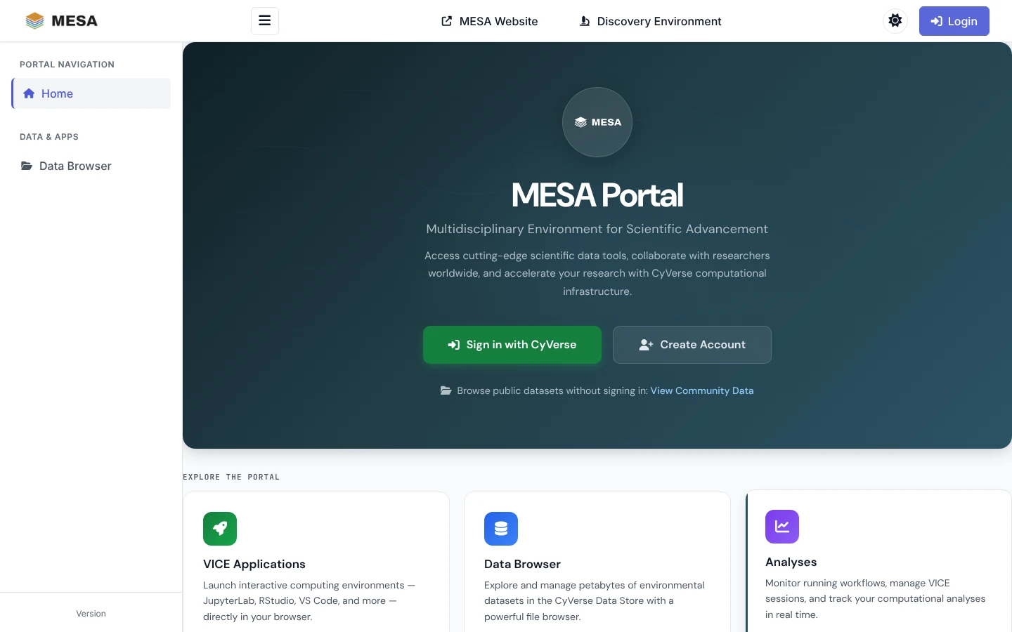 The MESA Portal landing page, with Sign in with CyVerse and Create Account buttons